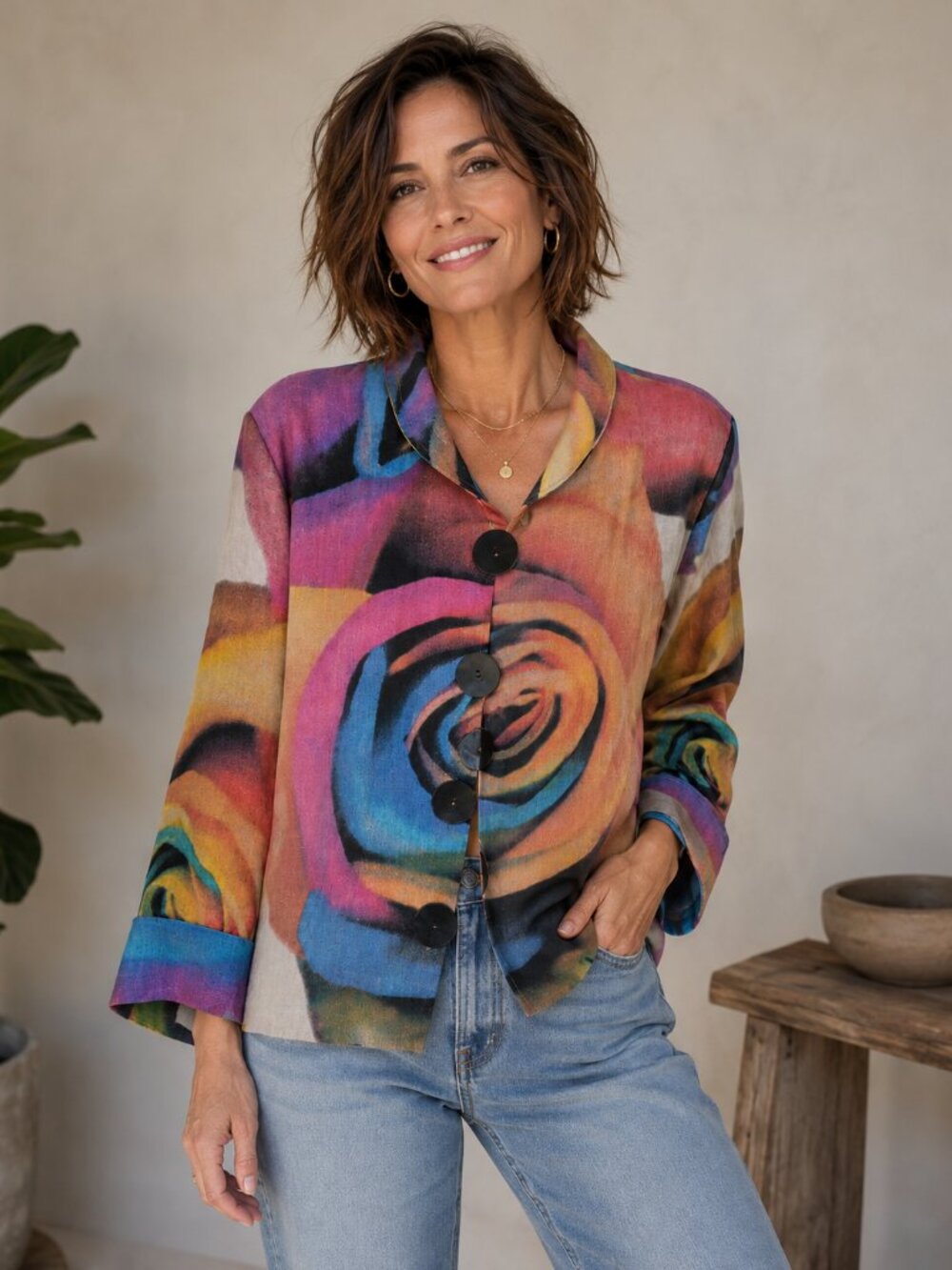 Caroline Rose Linen Art to Wear Abstract Rose Jacket Size S